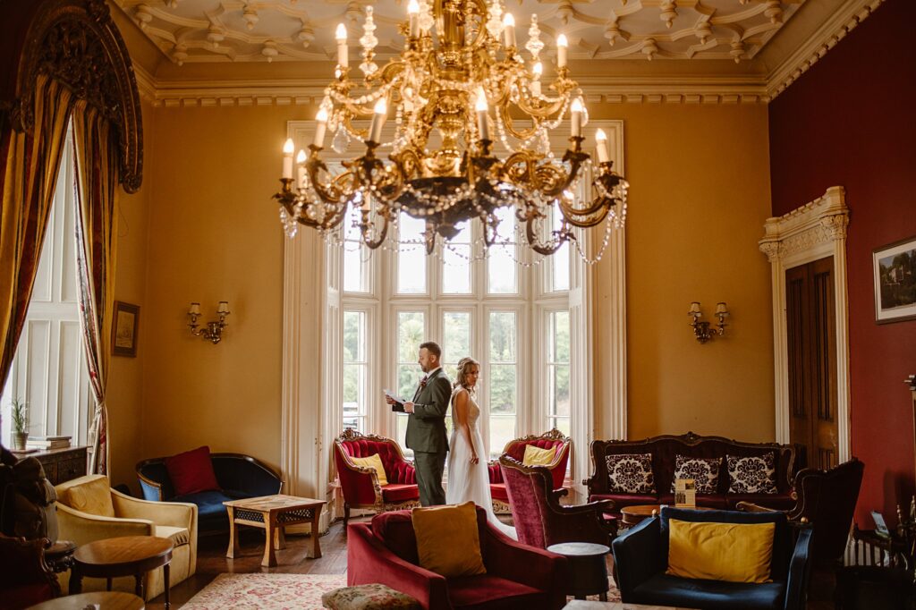 Destination wedding photograph of an international couple at Belleek Castle, Ireland